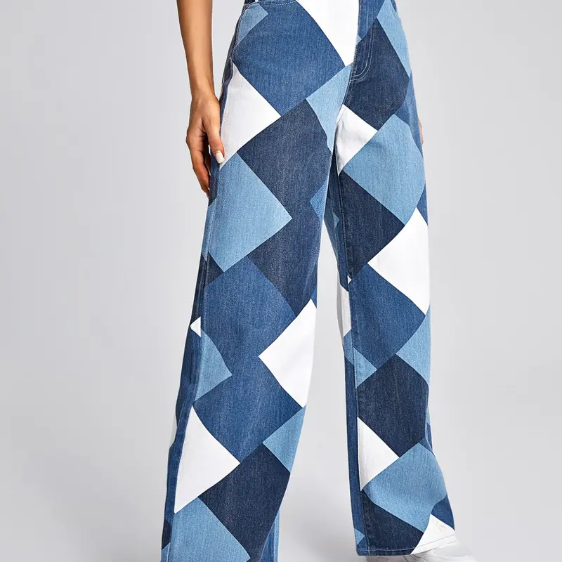 Y2K Geometric Patchwork Wide Leg Oversized Denim High Rise Jeans for Women, High Waist Colorblock Loose Fit Long Pants, Chic Fashionable Bohemian Style for All Seasons