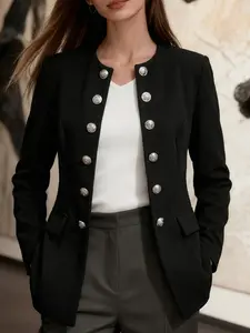 Round Neck Long Sleeve Twin-Breasted Silver Color Button Small Charming Elegant Style Suit Jacket for Women, Spring Autumn Commute Outerwear