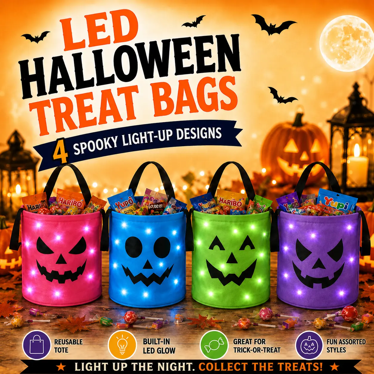 Lightweight Cloth LED Halloween Trick-or-Treat Candy Bucket, Light-Up Reusable Treat Bag with Black Handle, 4 Spooky Pumpkin Face Styles for Kids, Party & Costume Events, 25.5x30 cm