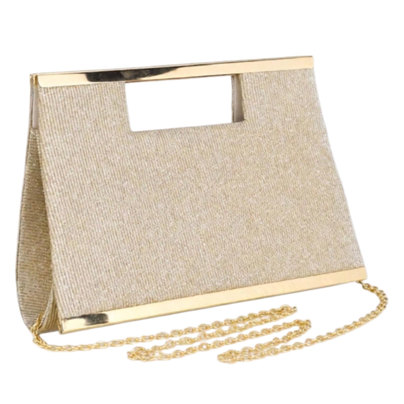 Fashionable Metallic Clasp Evening Clutch, Crossbody Purses Sparkling Gold Metallic Bar Design, Luxury & Elegant Formal Handbag for Gala, Party, Wedding, Includes Detachable Chain