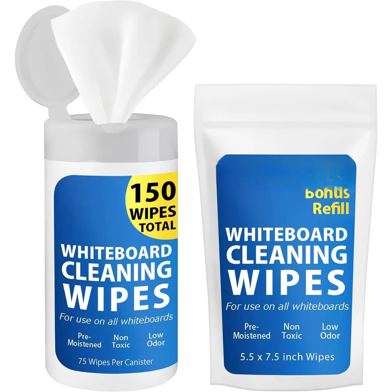Dry Erase Whiteboard Cleaner Refill Pack - 75 Pre-Moistened Wipes + 75 Refills, Odorless Cleaning Formula, Secure Lid, for Classrooms Whiteboards & Glass Boards (Office Stationery)
