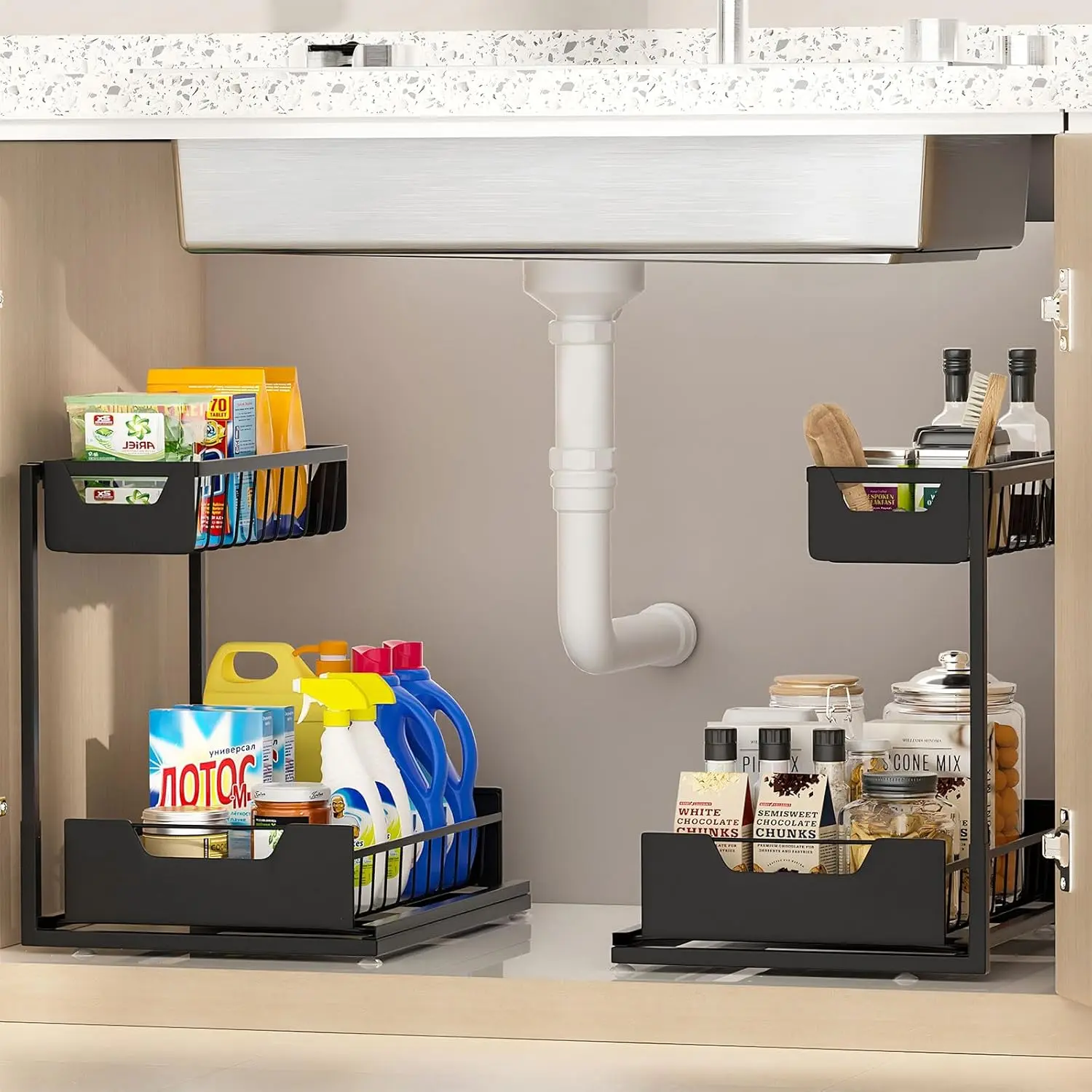 Ceetug Under Kitchen Sink Organizers and Storage, Black, 2 Pack | Slide Out Drawer, L-shape, 2 Tier, Cabinet Organizer for Kitchen Bathroom