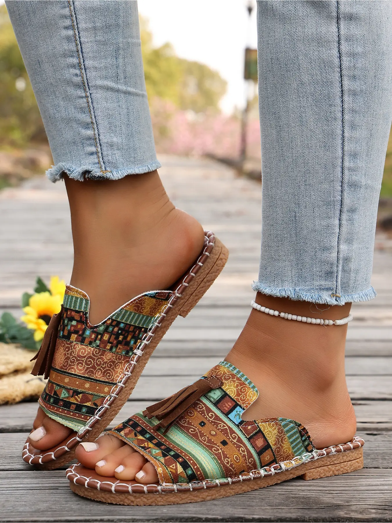 Bohemian Canvas Sandals, Printed Open Toe Flats for Relaxed Everyday Style