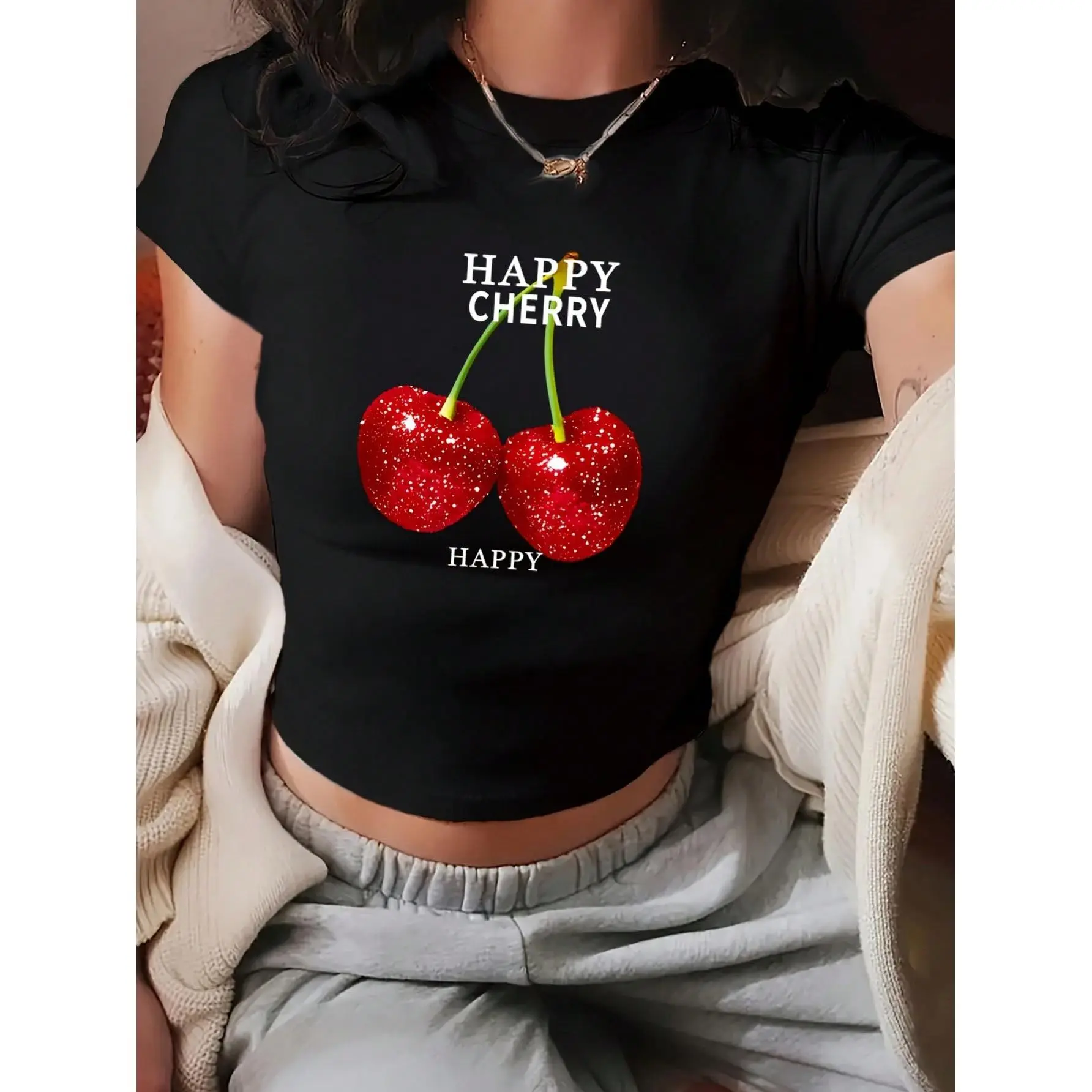 Y2K Style Red Shimmer Cherry And 'cherry' Letter Pattern Printed Knitted Short-Sleeve, Cropped Round-Neck T-Shirt, Spring/Summer Women's Clothing