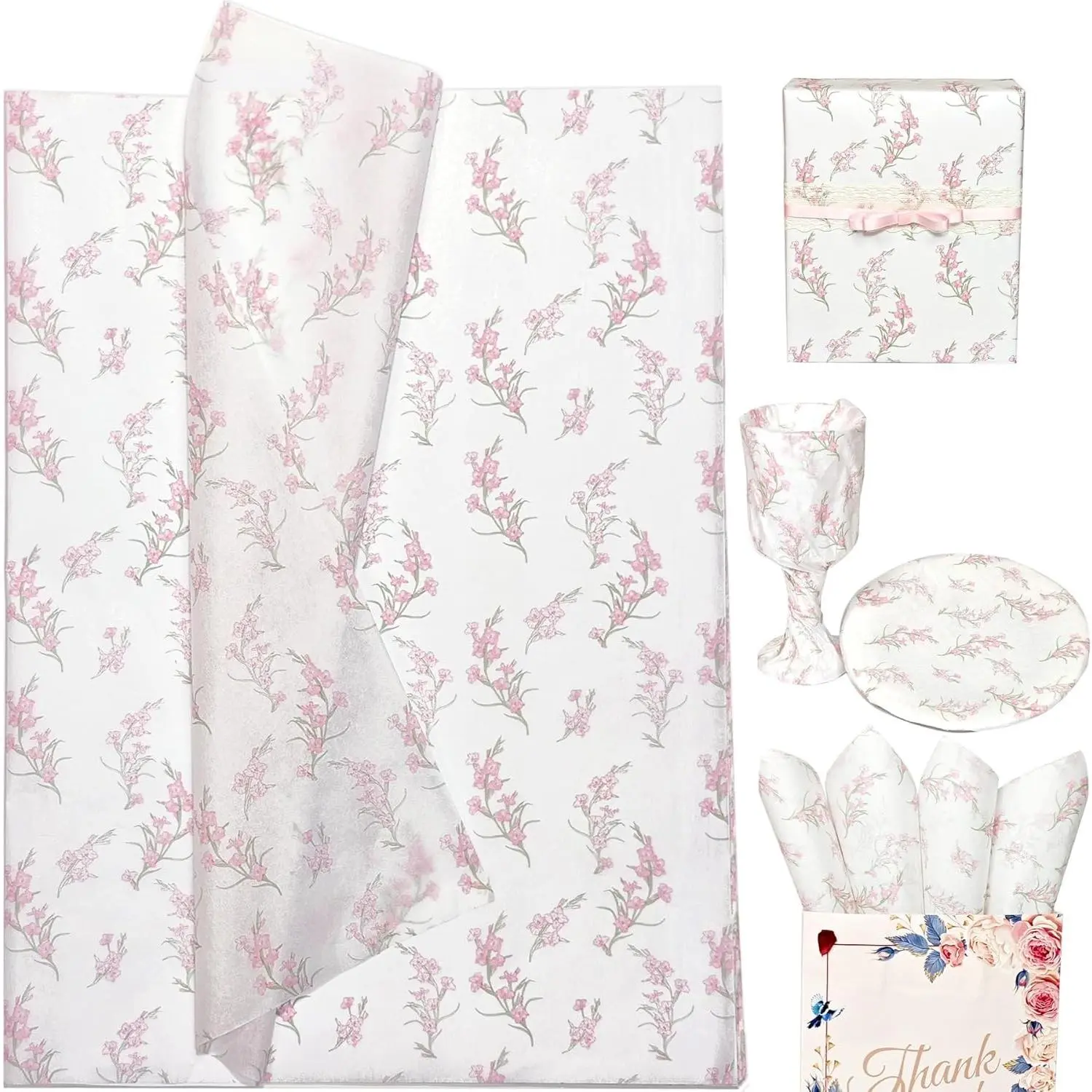 Floral Tissue Paper, White with Pink Gladiolus Flowers Pattern- 30 Sheets, 20x14 In, Gift Wrapping Tissue Paper for Gift Bags, Bouquet Packaging for Wedding Baby Shower DIY Crafts Birthday Party Decor