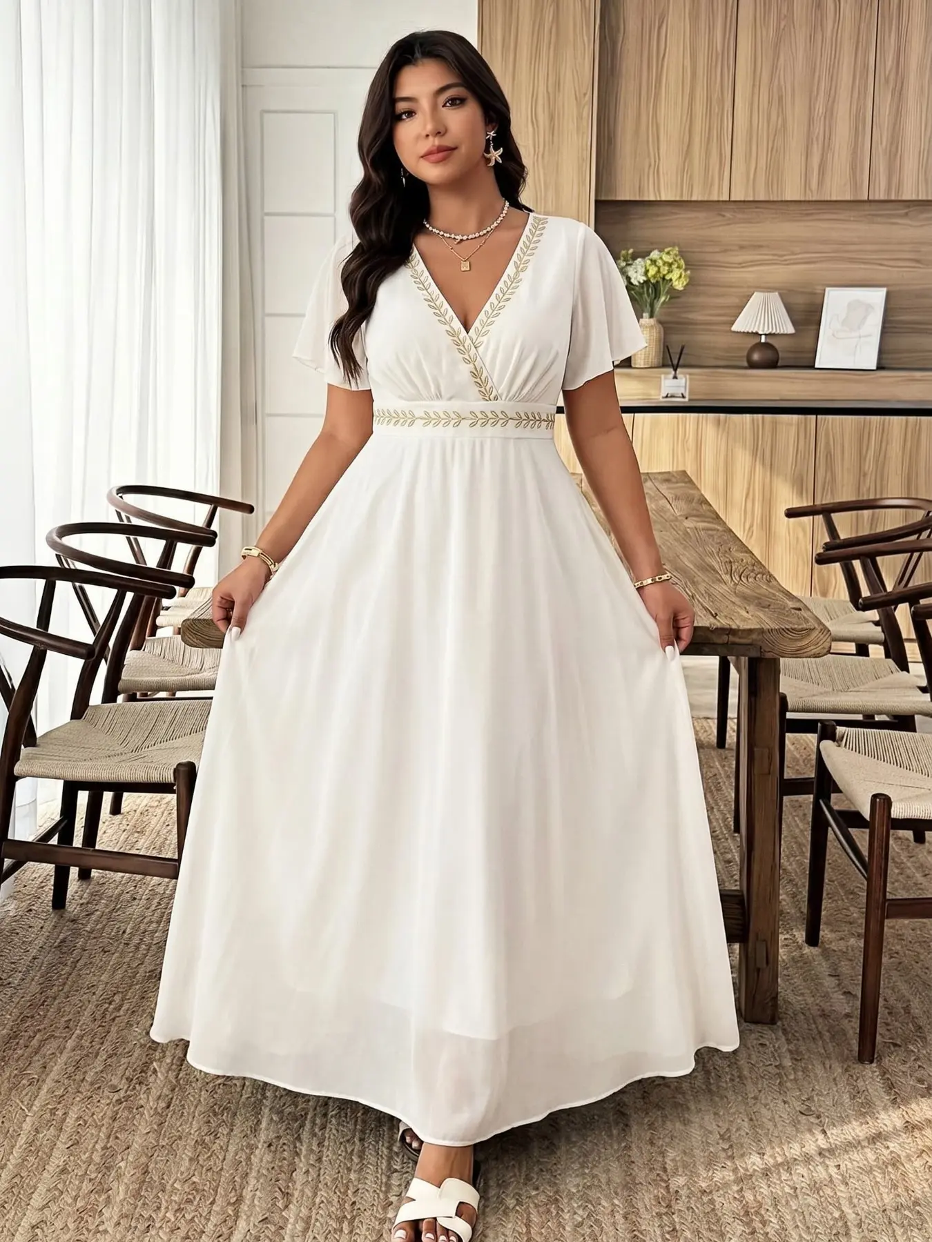 Plus Size Elegant A-Line Dress, Batwing Sleeves, Waist Cinch, Embroidery Design, Perfect for Parties, Dates, Shopping, Weddings