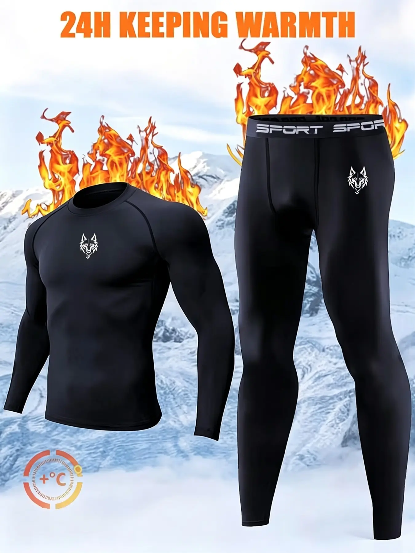 Men's 2-Piece Wolf Pattern Fleece Lined Set, High Neck Long Sleeve Top and Warm Pants, Sporty Stretch Activewear Gym Outfit for Gym and Outdoor Activities