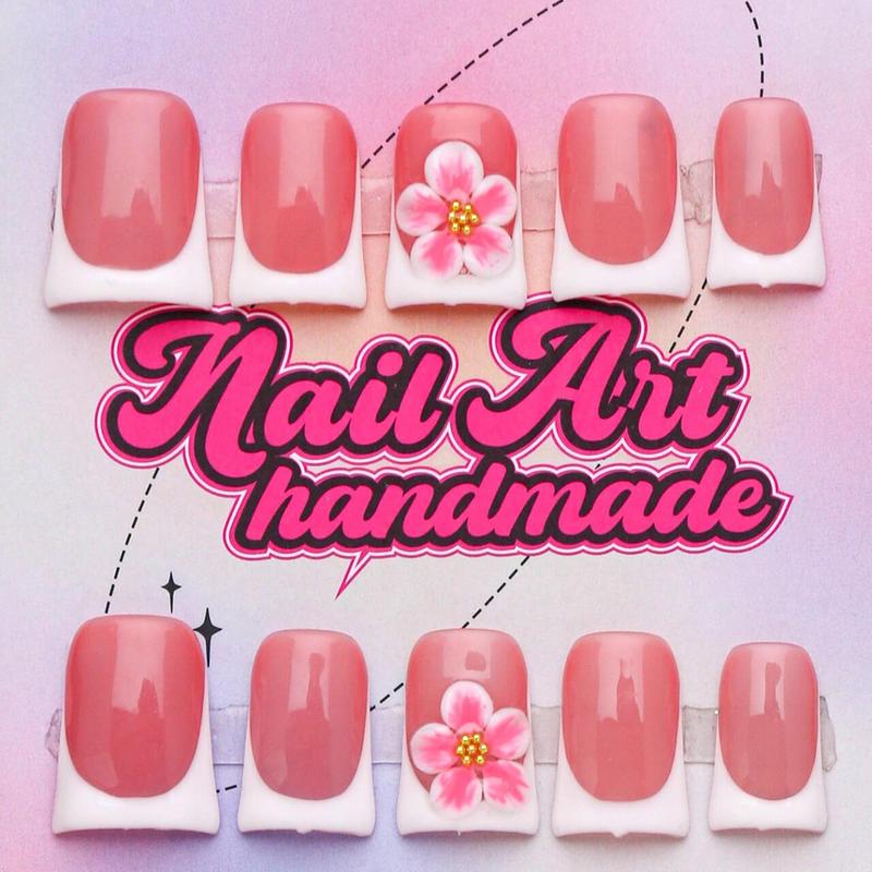 Duckbill Shaped Fake Nail, 10pcs Rhinestone & Flower Decor French Press on Nails for Women & Girls DIY Nail Art, Elegant Stick on Nails Kit, Handmade, Nail Supplies, Fake Nails, Flared Handmade Nails, Sparkly Studded Rhinestone