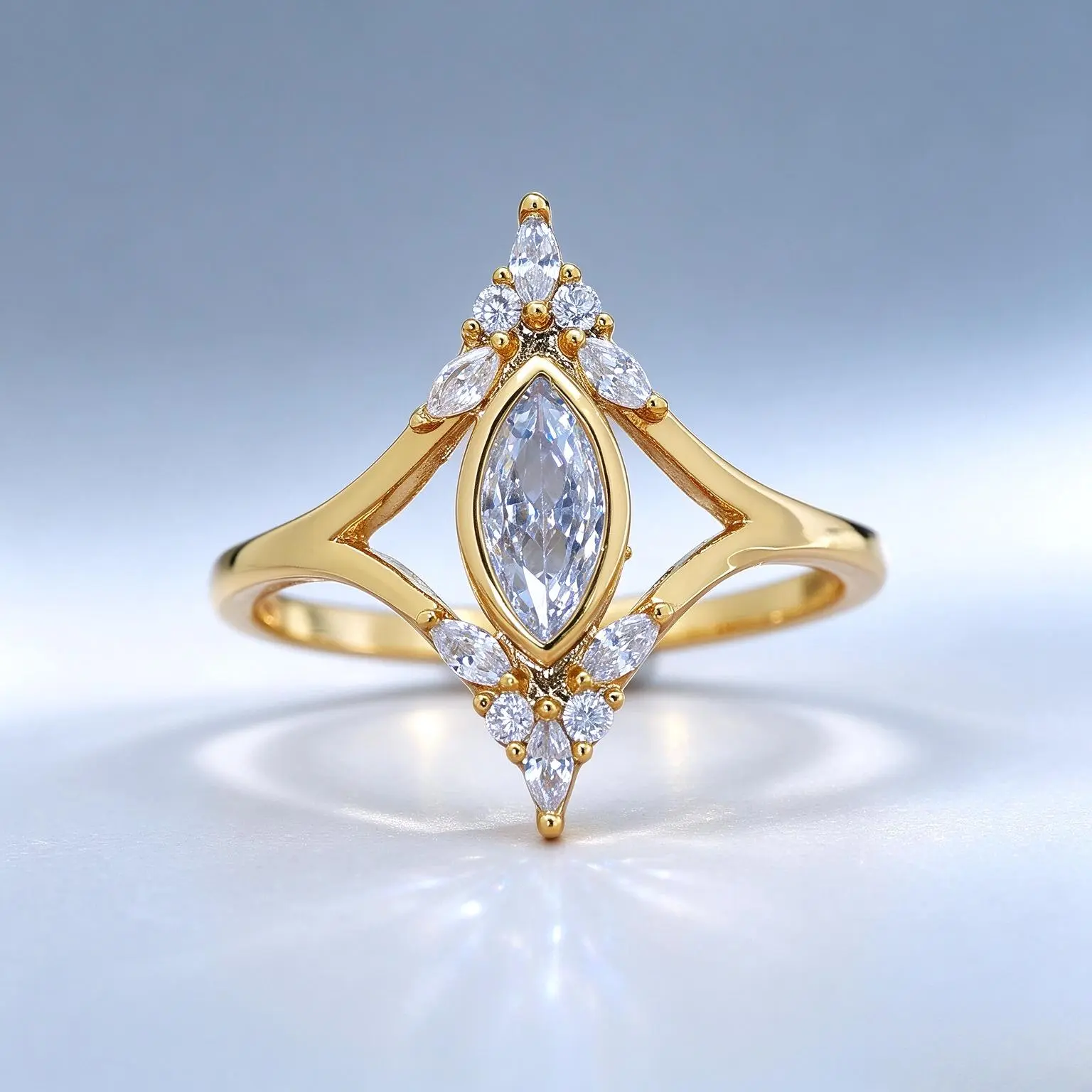Unisex 18K Gold Plated Marquise Cut Cubic Zirconia Statement Ring, Pointed V-Shape Pavé CZ Accent Band, Elegant Costume Fashion Jewelry, Daily Wear, Wedding Anniversary Birthday Gift for Men Women, US Sizes 6-10