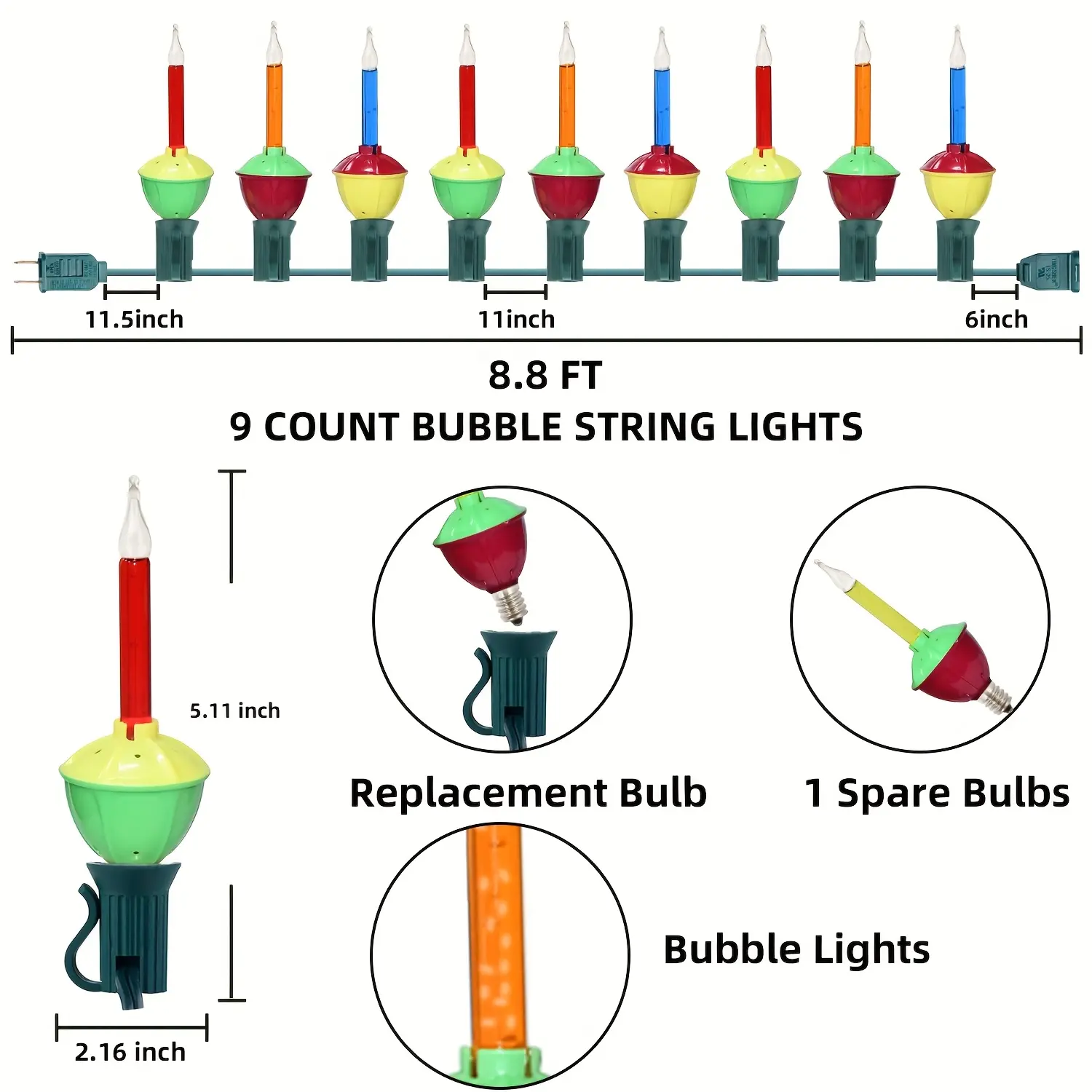 Christmas Bubble Light 9pcs Set Multi Color Bubble Light, 8.8-Inch Retro Bubble Light with 10 Multi Color Bubble Bulbs (1 Spare), 5W Bubble Light Suitable for Holiday Christmas Decoration, E12 Base, Green, Halloween/Christmas Decor