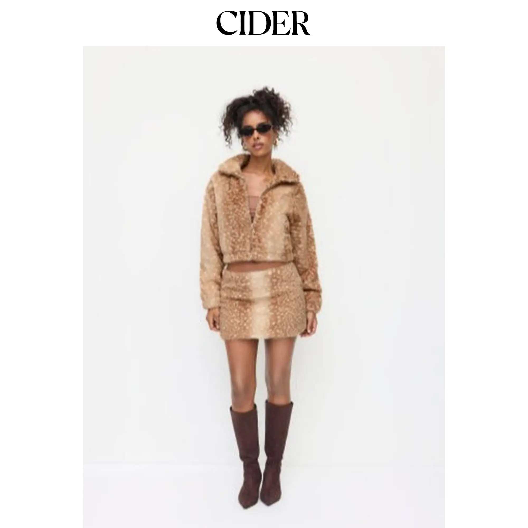 Cider Faux Fur Deer Print High Neck Zip Through Jacket & Faux Fur Low Rise Animal Print Half Zip Mini Skirt
