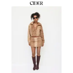 Cider Faux Fur Deer Print High Neck Zip Through Jacket & Faux Fur Low Rise Animal Print Half Zip Mini Skirt