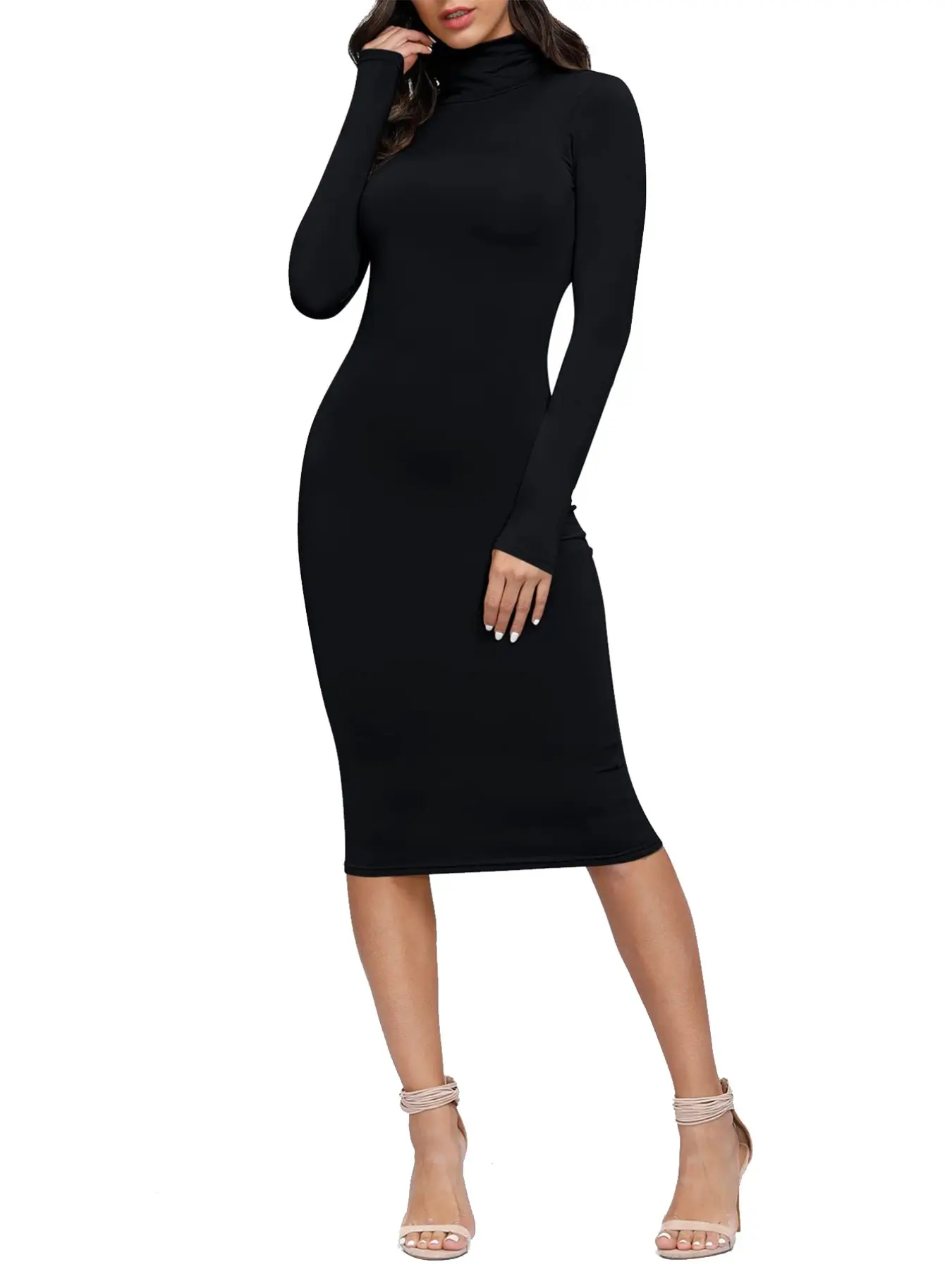 Women's High Neck Long Sleeve Bodycon Midi Dress, Perfect for Office and Dates, Fall Winter Fashion, Tight Fit A-Line Style