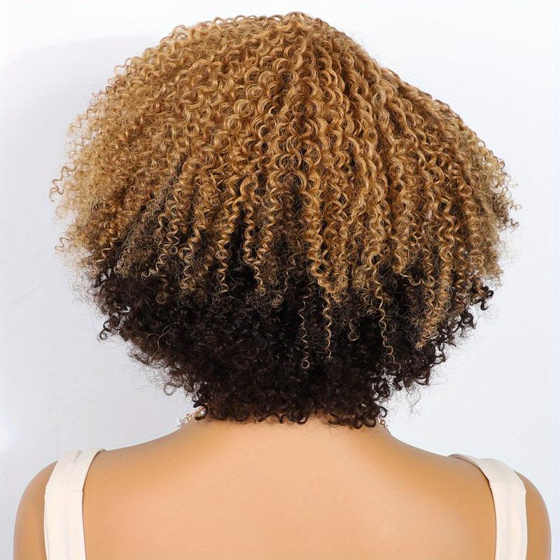 Fashion New 250% density Short Pixie Cut Afro Kinky Curly Bob Wig 4x1 Lace Human Hair Wigs For Women Brazilan Ombre Blonde Highlight Brown Afro Kinky Curly Human Hair Wig With Bangs