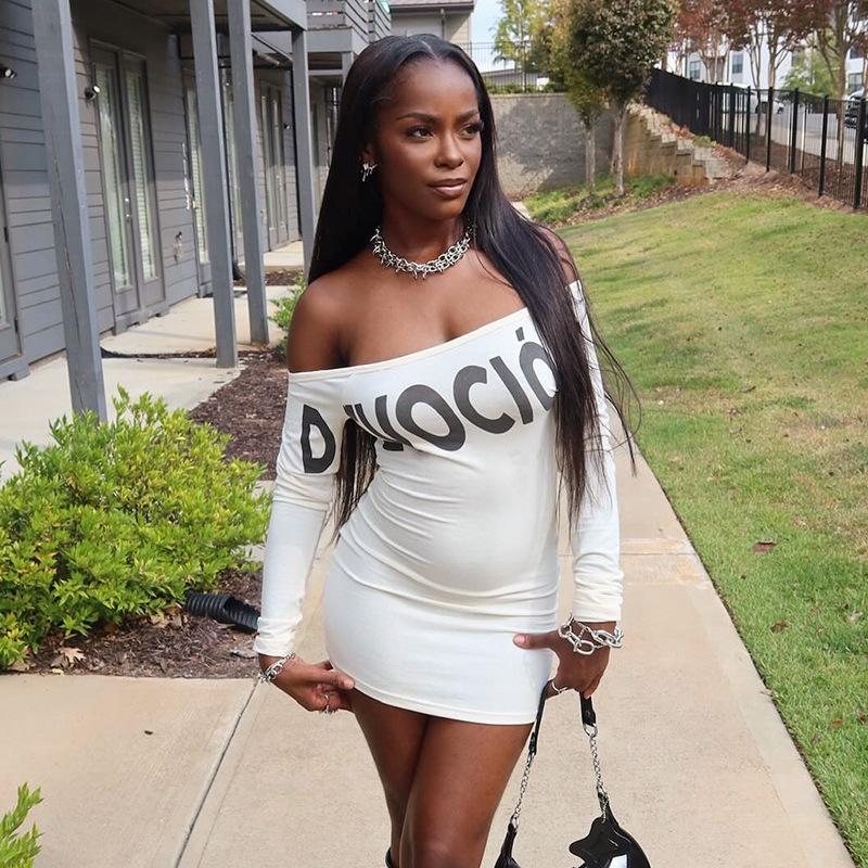 Women's Streetwear One Shoulder Long Sleeve Bodycon Dress - Letter Print Asymmetrical Mini Dress, Y2K Sexy Tight Clubwear track dress