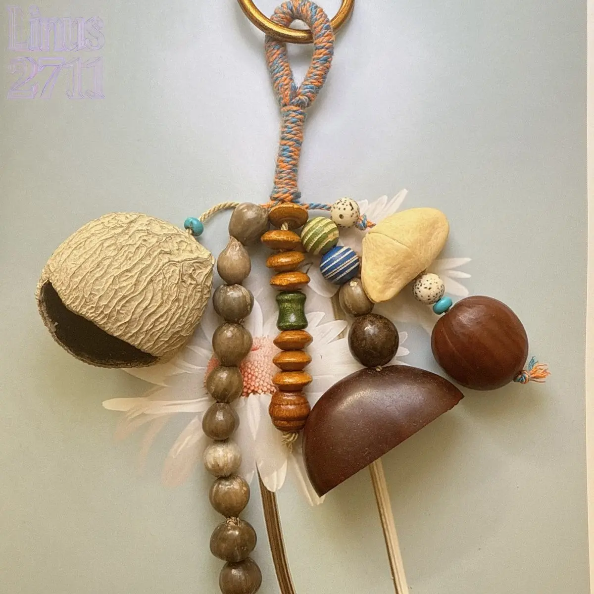 Indonesian Acorn Shell Handmade Bell Bag Charm Natural Seed Bead Rattle Keychain Boho Cottagecore Hanging Ornament