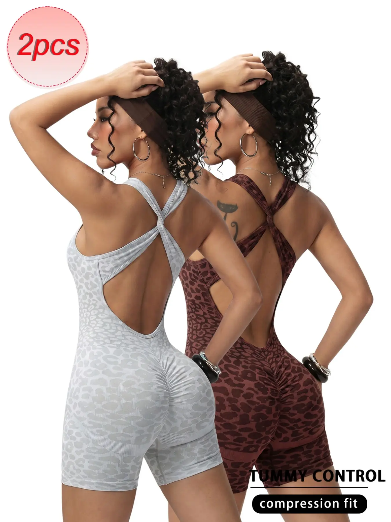 Seamless Leopard Print Shaping Yoga Jumpsuit Set, Back Cross Design, Waist Cinch, Butt Lifter, Wearable Outdoors, Ideal for Fitness & Pilates