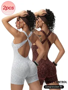 Seamless Leopard Print Yoga Jumpsuit Set, Back Cross Design, Waist Cinch, Butt Lifter, Wearable Outdoors, Ideal for Fitness & Pilates