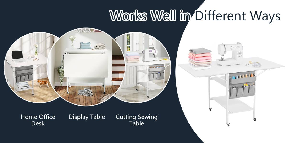 Foldable Craft Table with Storage, Movable Sewing Table with 2 Shelves & Side Pocket, Home Hobby Folding Table for Craft Room, Fixed Height, White