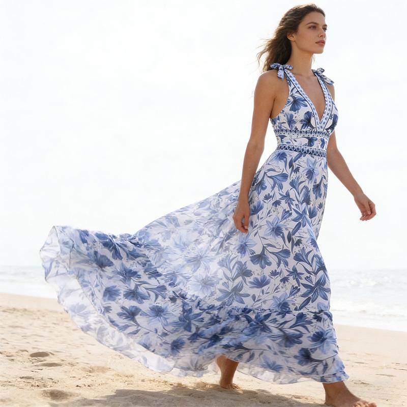 Women's V Neck Bohemian Print One-Piece Swimsuit and Matching Cover Skirt Set Summer Swimdress Swimming Vacation Beach Bathing SuitSuit Stylish Beachwear