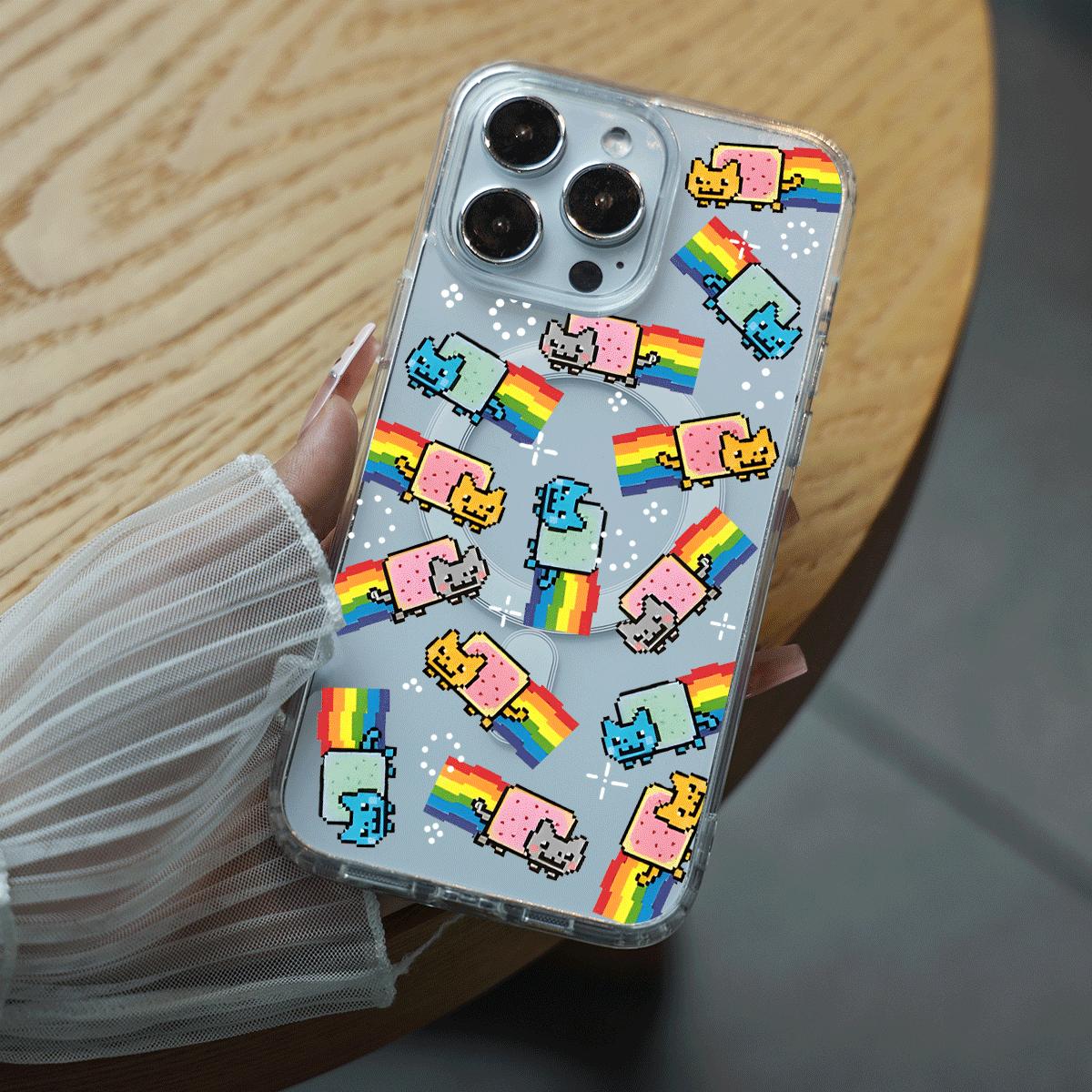 Pixel Art Nyan Cat with Rainbow Repeat Pattern Clear Magnetic