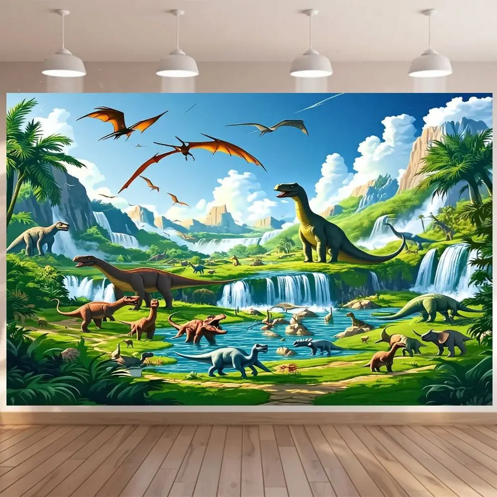 2D Flat Cartoon Dinosaur Jurassic Background Cloth, Wall Backdrop, Multiple Dinosaurs Waterfall Forest Lake Blue Sky Scene, Indoor Outdoor Party Decor