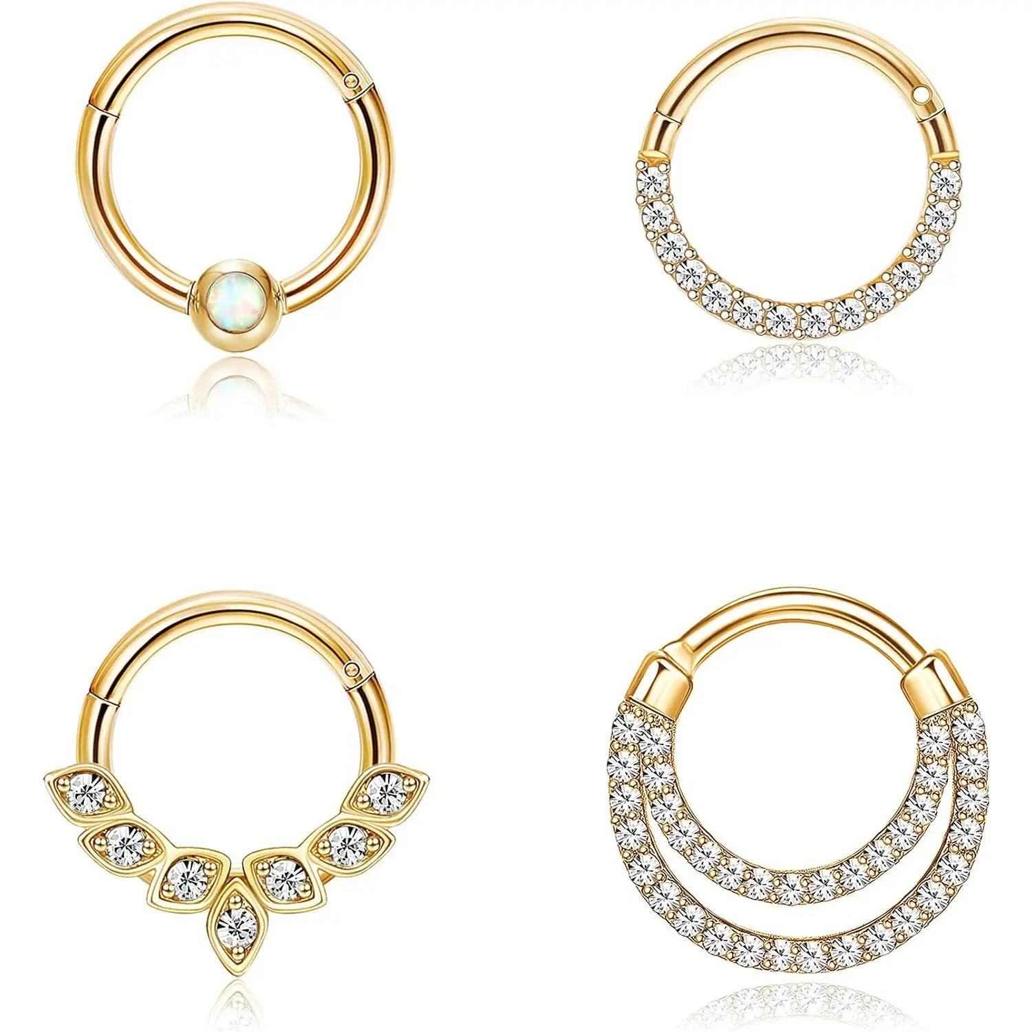 Unisex 4-Pcs 16G Gold-Tone Stainless Steel Hinged Clicker Septum Rings, 8mm Multi-Use Hoops for Nose Daith Tragus Helix Cartilage Piercings, Casual Wear Jewelry Gift