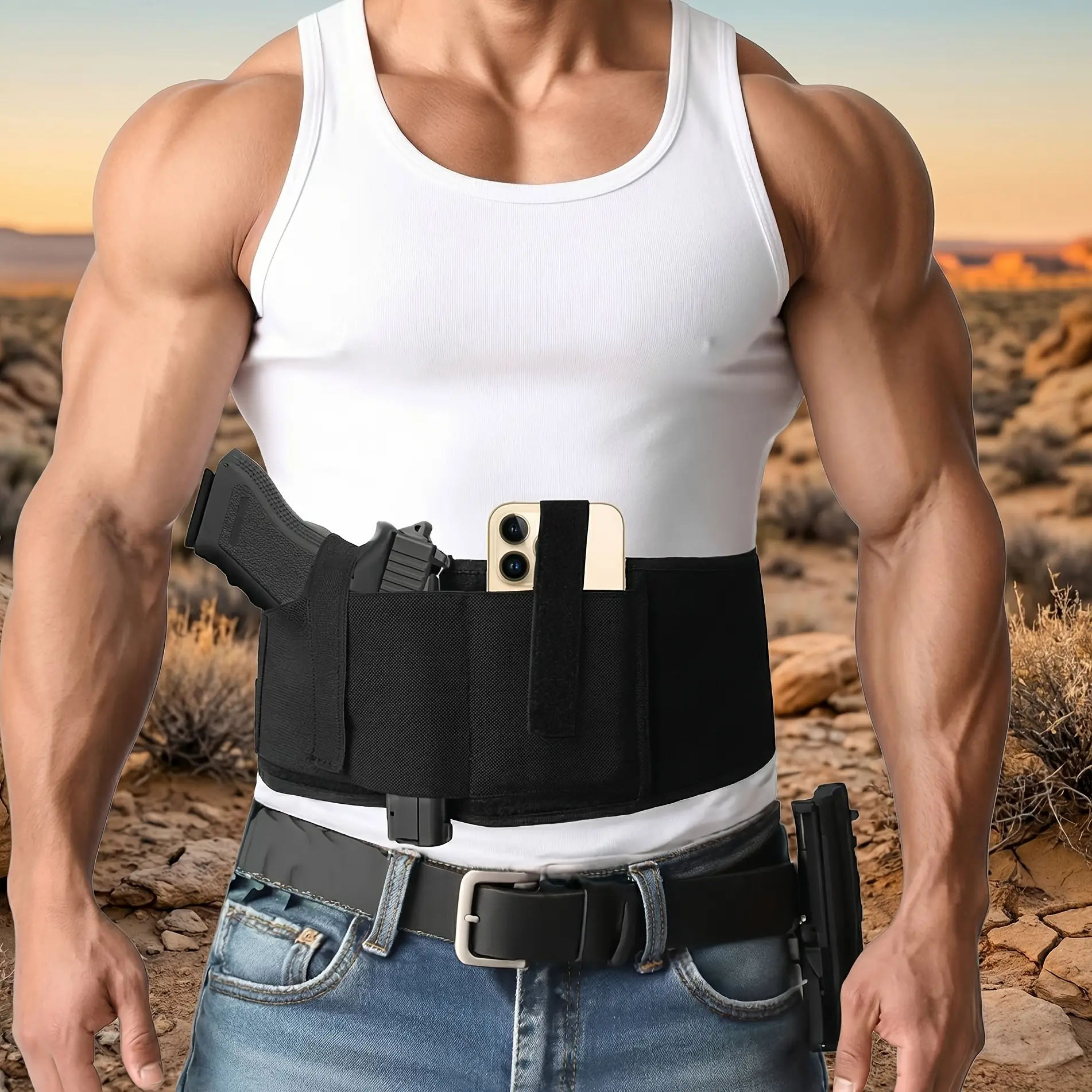 Concealed Carry Belly Band Holster, Tactical Elastic Waistband with Universal Handgun Fit, Unisex Design for Outdoor Hunting with Magazine & Phone Pockets, Multi-Pocket