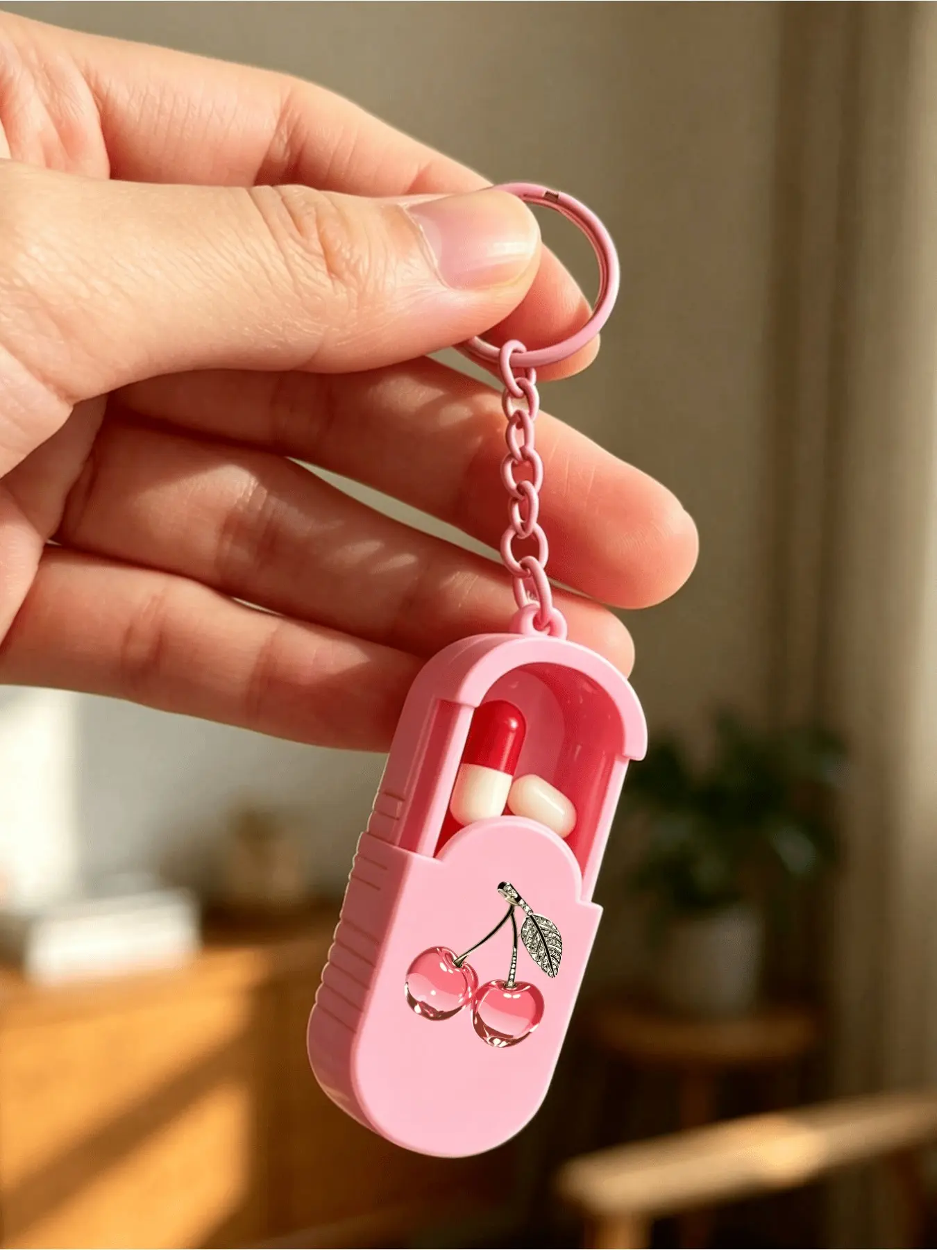 Cherry Mini Pill Box Keychain, Portable Vitamin Organizer, Y2K Cute Bag Charm, University Dorm Essential, Travel & Daily Use Gift
