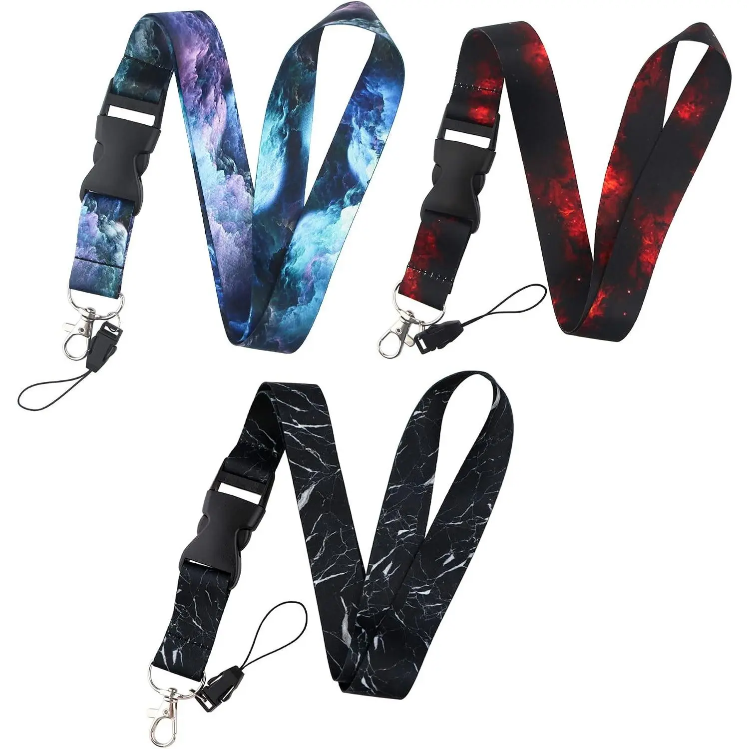 3 Pcs Galaxy Print Neck Lanyards for Keys and ID Badges, Detachable Keychain Straps for Men Women, Black Red Purple