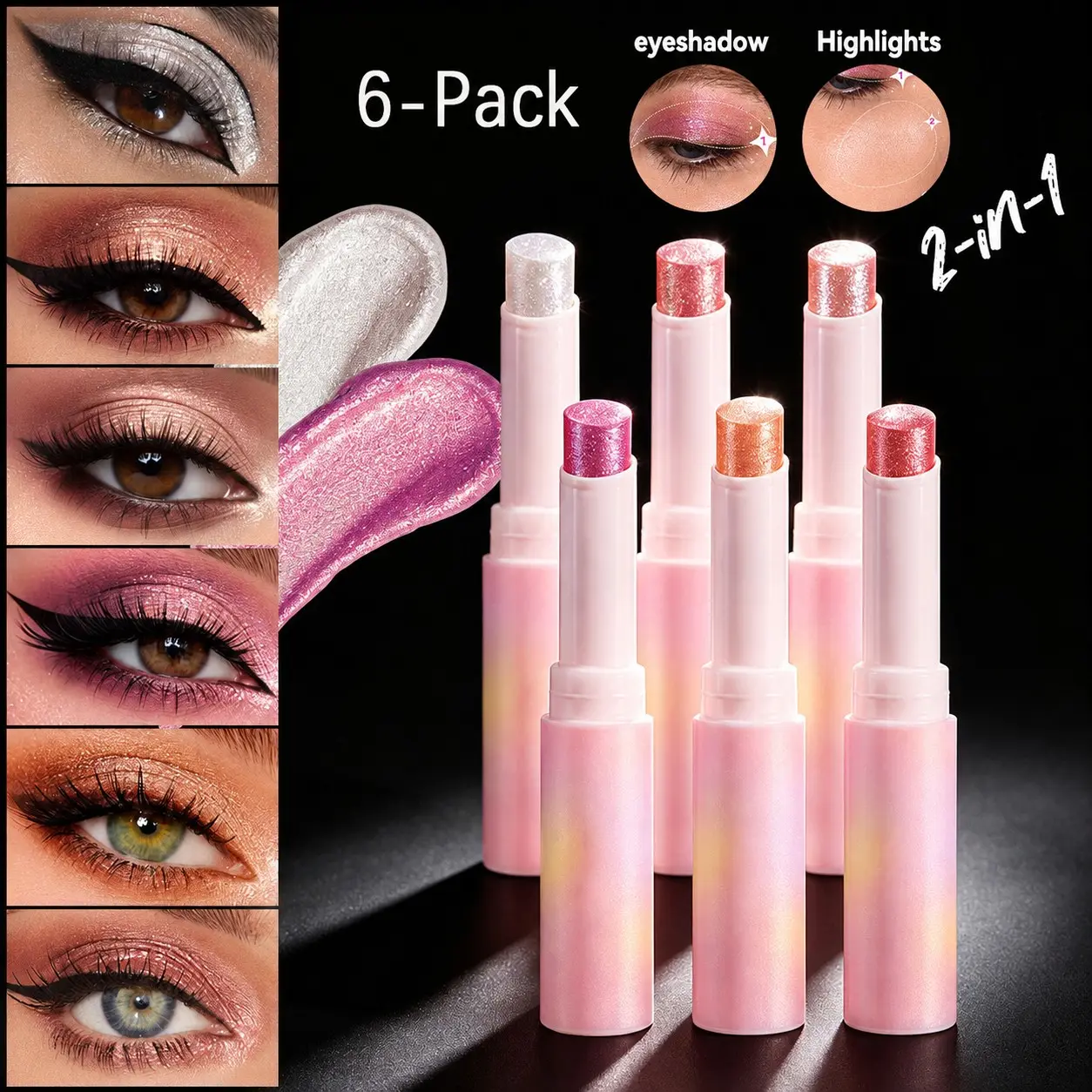 6-Piece Eyeshadow Highlighter Set, Shimmering Pearl Eye Shadow Pencil, Multi-Functional Under-Eye Brightener, Compact Portable Makeup Kit