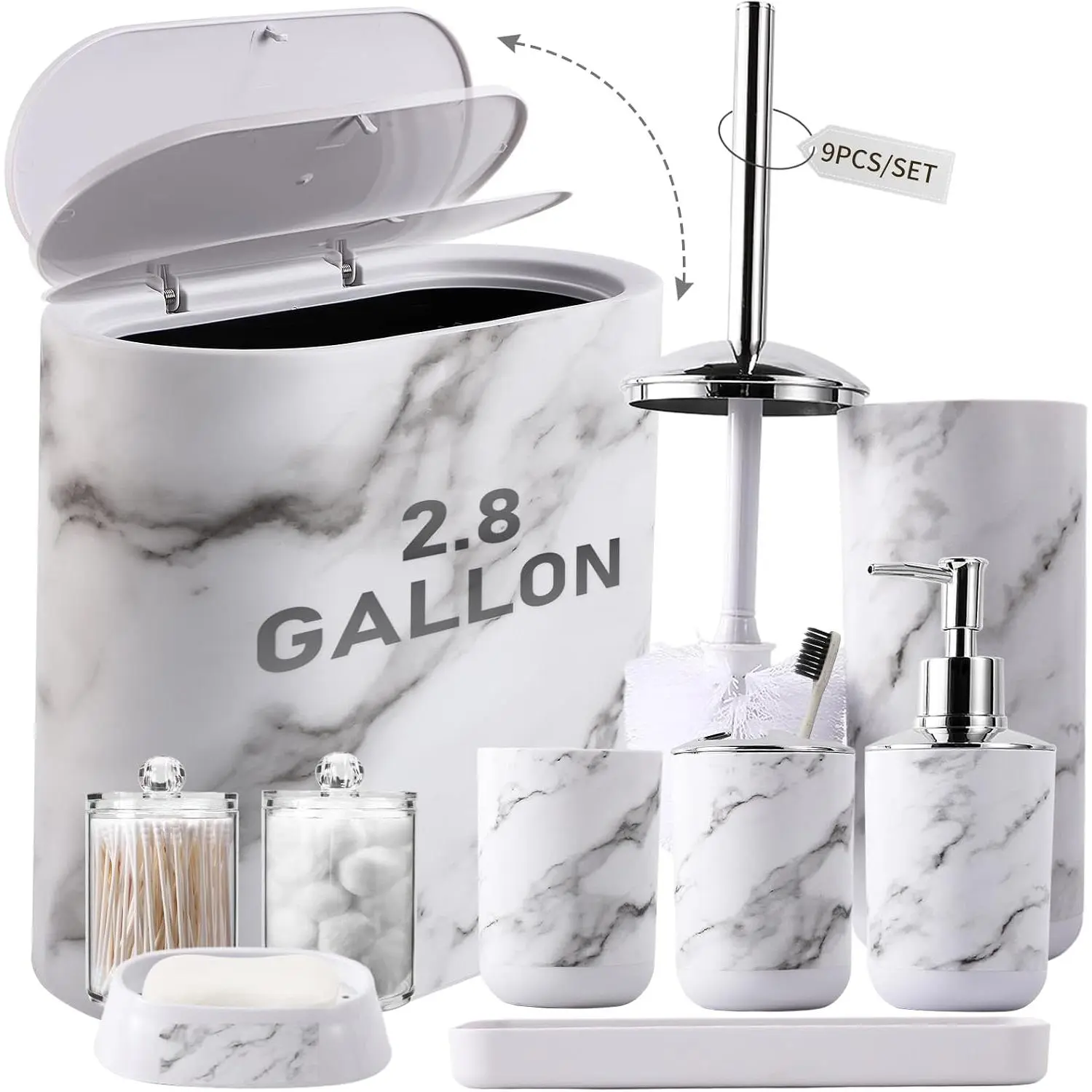 Bathroom Accessories Set, 9-Piece Marble White Bathroom Set, White Bathroom Accessories with Slim Trash Can, Soap Dispenser, Toilet Brush, Toothbrush Set, Qtip Holders