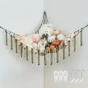 Animal Hammock with Wooden Beads Corner Net Boho Tassel for Toy Plush Holder for Kid Room Nursery Decor Wall Display Organizer for Girls Boy Gift(Avocado Green)