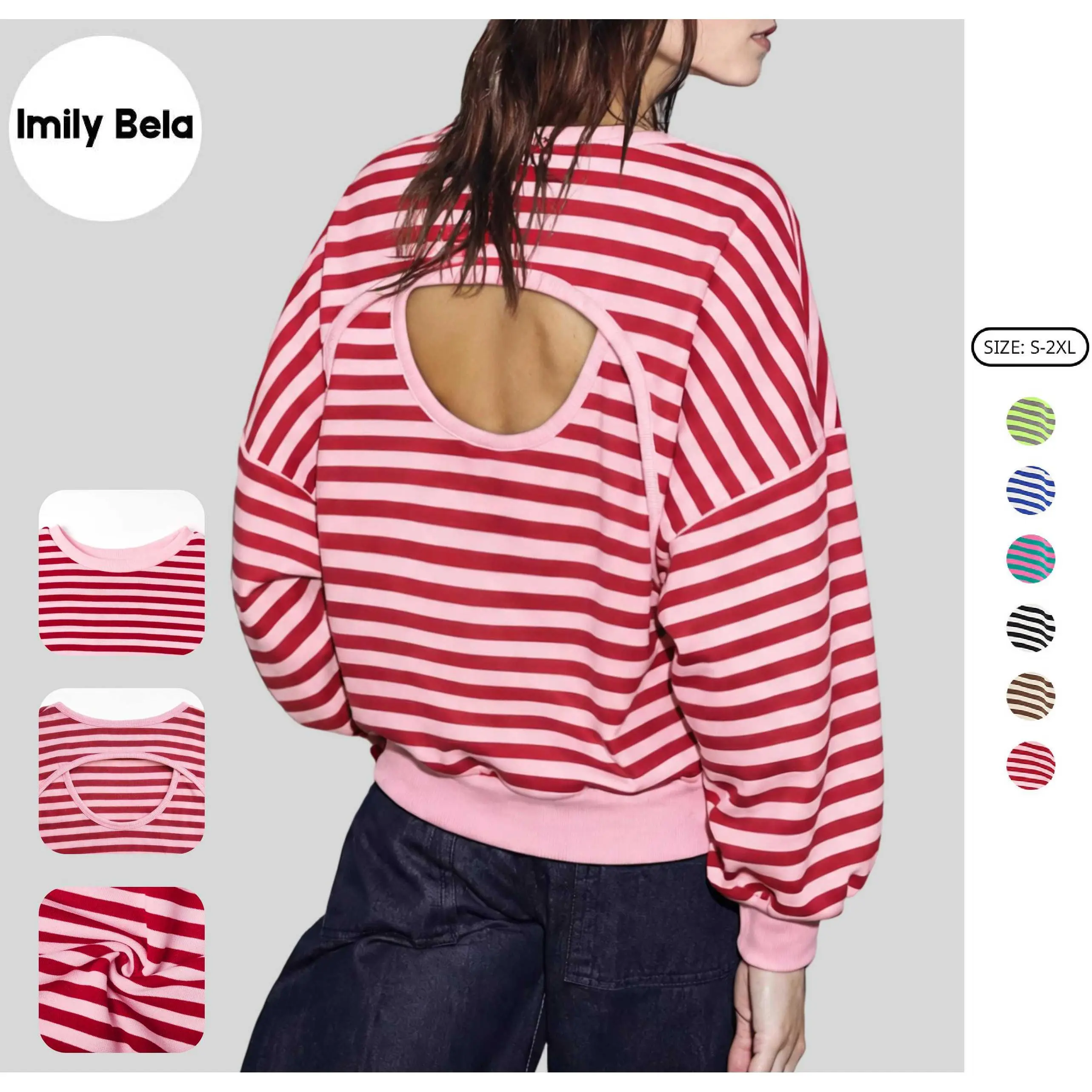 Imily Bela Women’s Striped Oversized Pullover Sweatshirt, Open Back Design, 2026 Cutout Back Pullover Top, Fashion Casual Long Sleeve Shirt
