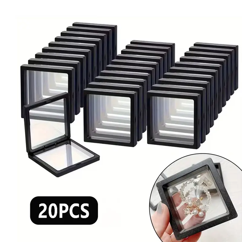 Jewelry Display Case, 20pcs/set 7x7cm Portable Organizer Plastic Jewelry Display Case with 3D Floating Frame Stand, Display Case for Coin & Jewelry Display