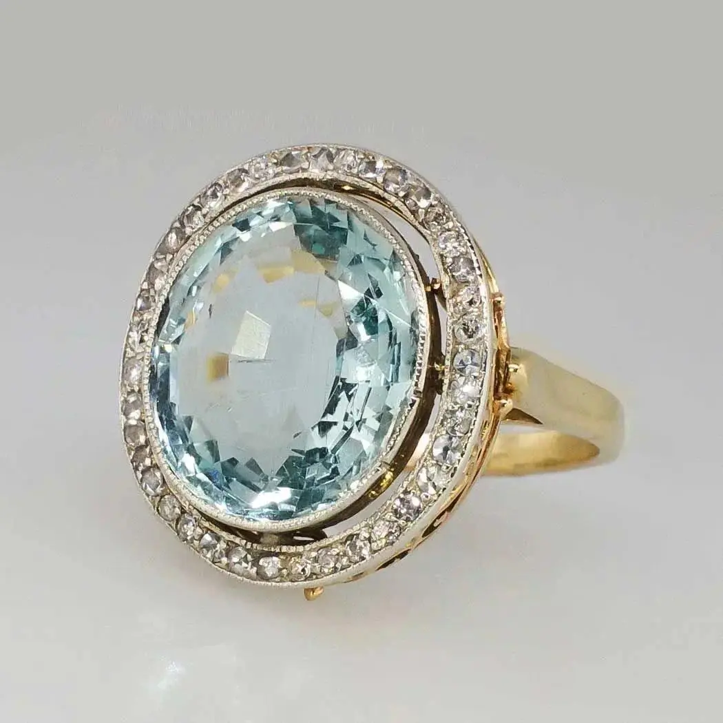 Vintage 18K Gold‑Plated Aquamarine Blue Crystal Ring, Oval Cut Halo Art Deco Cocktail Ring, Luxury Fine Jewelry Anniversary Gift For Women