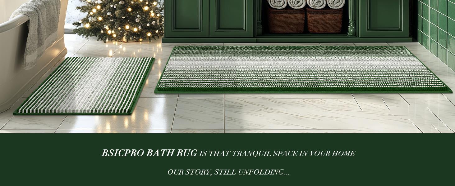 Bathroom Rugs and Mats Sets, 2 Piece Thick Absorbent Chenille Bath Mat Rug Set Non Slip, Soft Shaggy Bath Room Floor Mats for Bathroom, Machine Washable (Hunter Green, 20" x 47" Plus 16" x 24")