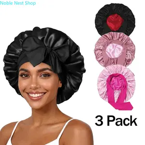 3 Pack Double Layer Satin Silk Sleeping Bonnets, Elastic Tie Adjustable Night Caps, Frizz-Free Heatless Curly Hair Protector for Women, Soft Silky Hair Accessory for Overnight Hair Care