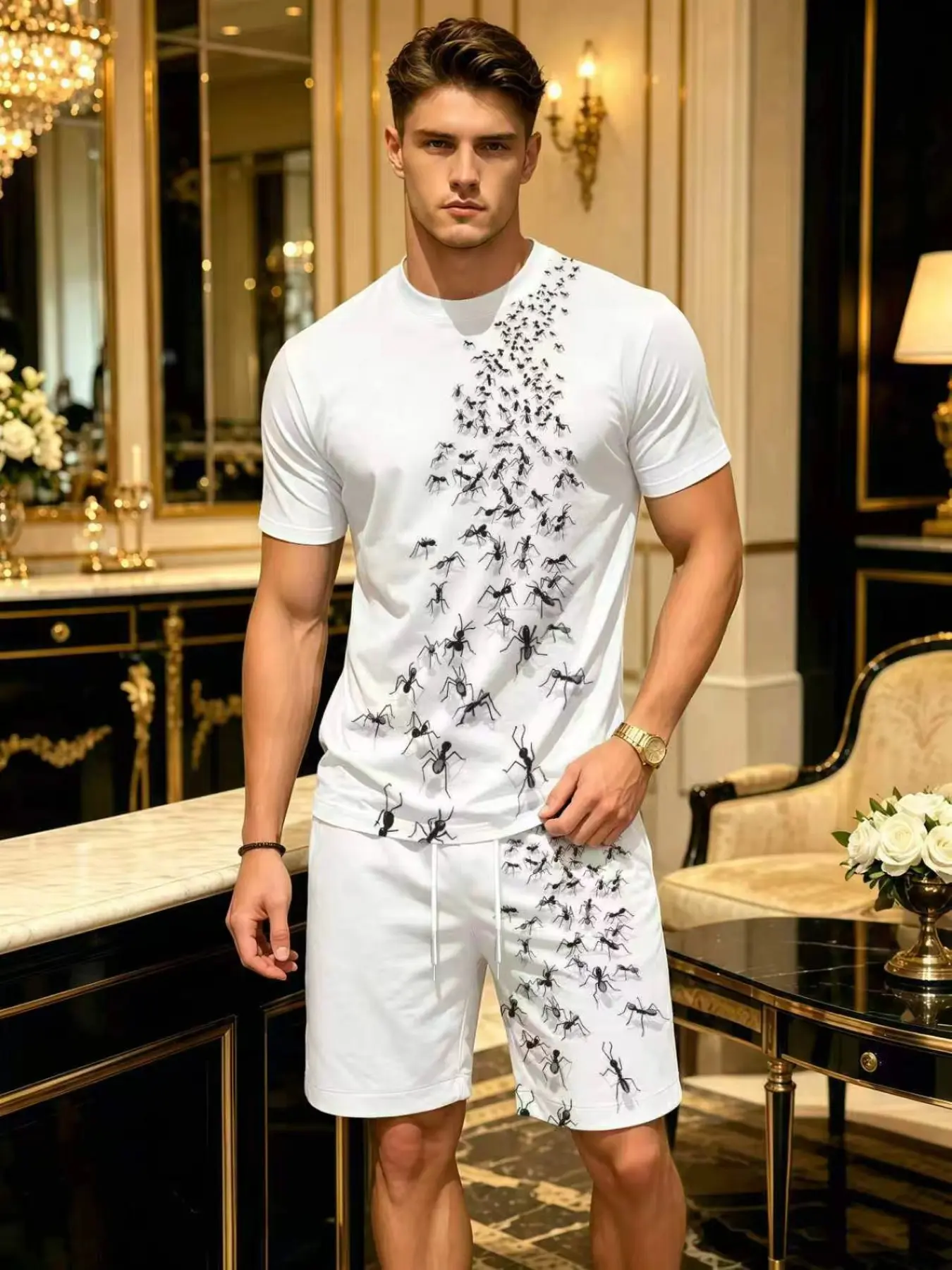 Men's Casual Short Sleeve Top and Shorts Set, All over Print, Fitted, Natural Waist, Knee Length, All Seasons, Trendy Fashion