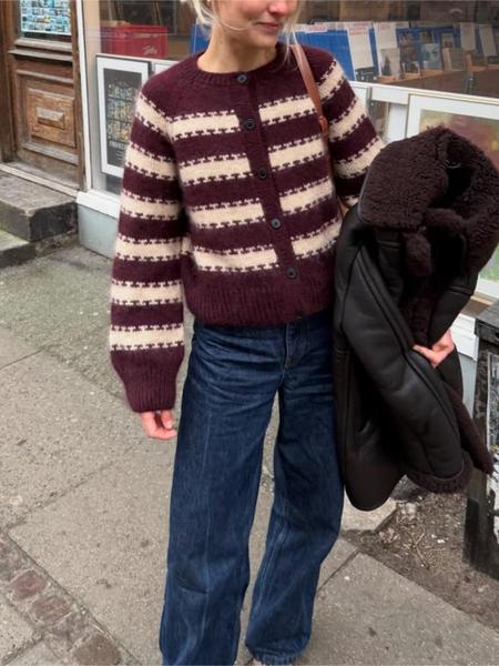 Women's Striped Colorblock Knit Cardigan Sweater, Button Front Ribbed Design, Casual Daily Wear, Long Sleeve Drop Shoulder Style, Knitwear Women's Striped Colorblock Knit Cardigan Sweater, Button Front Ribbed Design, Casual Daily Wear, Long Sleeve Drop Shoulder Style, Knitwear