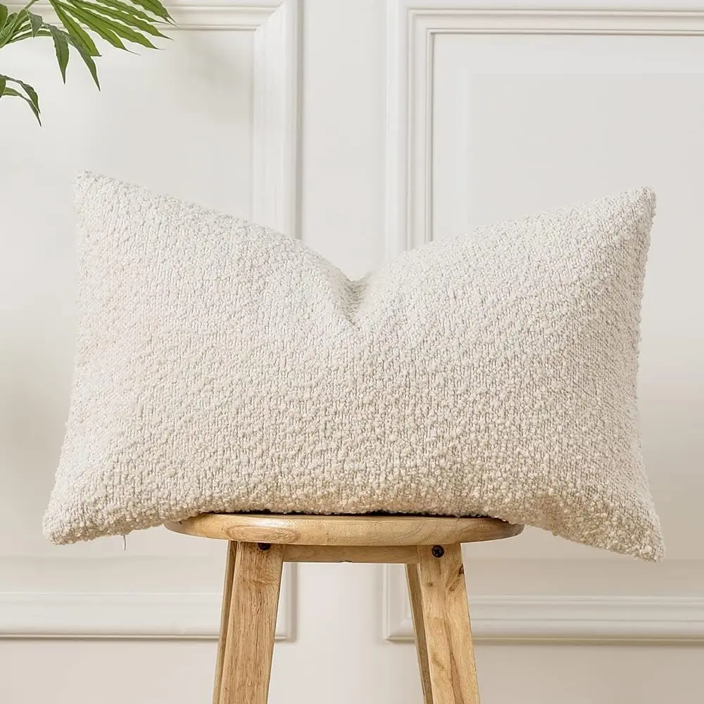 Synthetic Textured Boucle Pillow Cover (20x12 in, Pack of 1) - Cream Decorative Neutral Cushion Cover with Invisible Zipper Design, Machine Washable for Sofa, Bed, Living Room, Ideal Gift for Loved Ones, 20 X 12 (Pack Of 1)