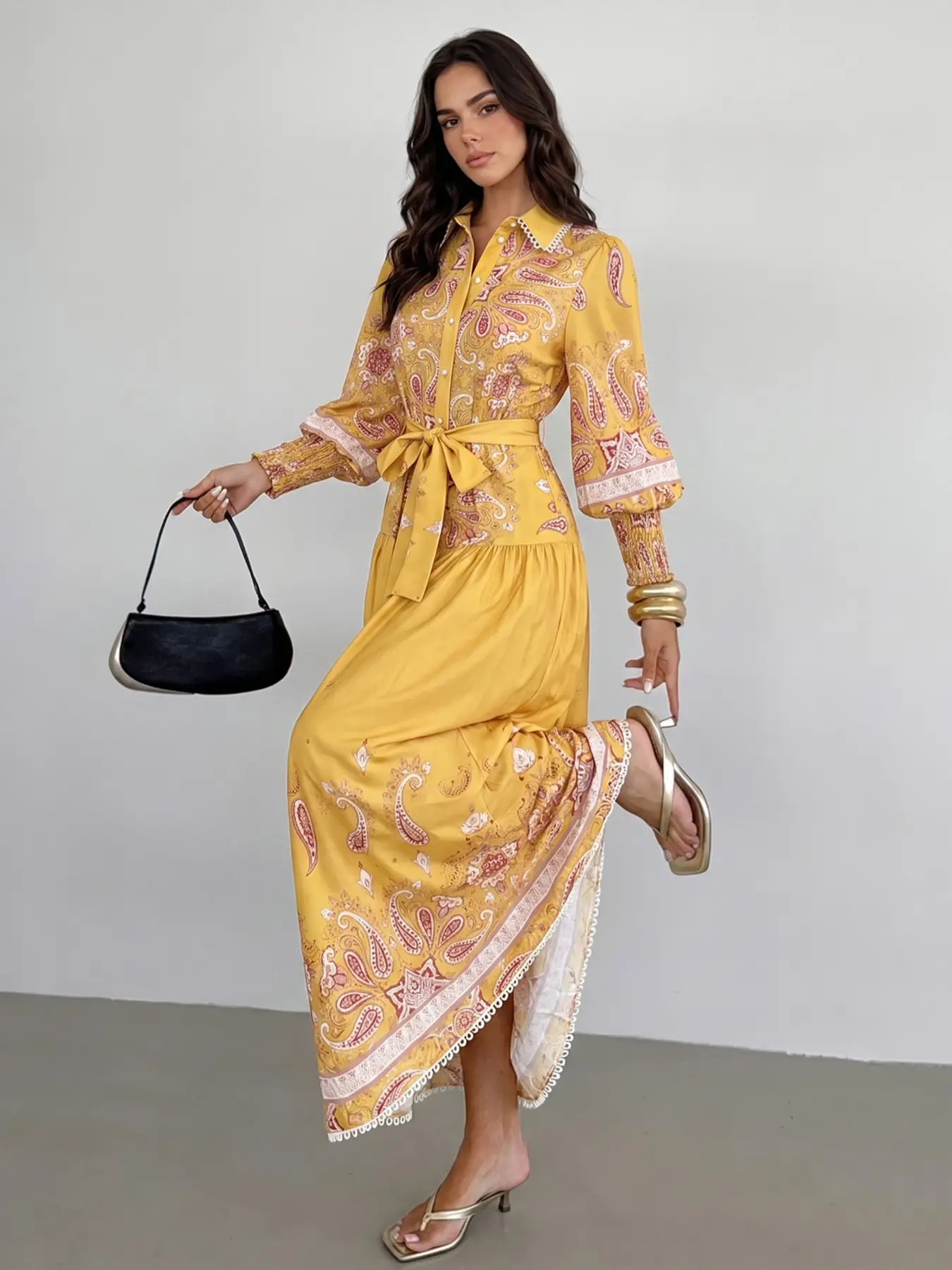 Peacock Vintage Resort Romantic Elegant Bohemian Printed Colorblock Wave Hem Long Sleeve Collar Waist Cinch A-Line Dress for Women