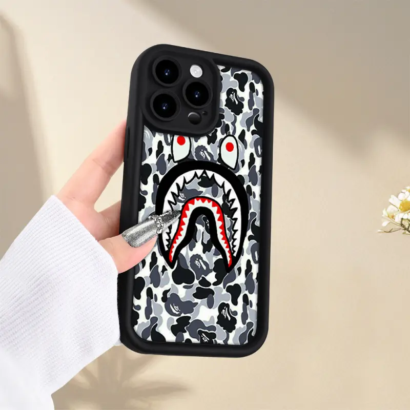 BAPE Shark Camo Phone Case For iPhone17 16 15 14 13 12 11 Pro Max Classic Grey Camo Shark Mouth A Bathing Ape Trendy Streetwear Protective Cover Shockproof Soft Silicone Case Cool Hip Hop Fashion Phone Shell Gift For Men Teen Boys