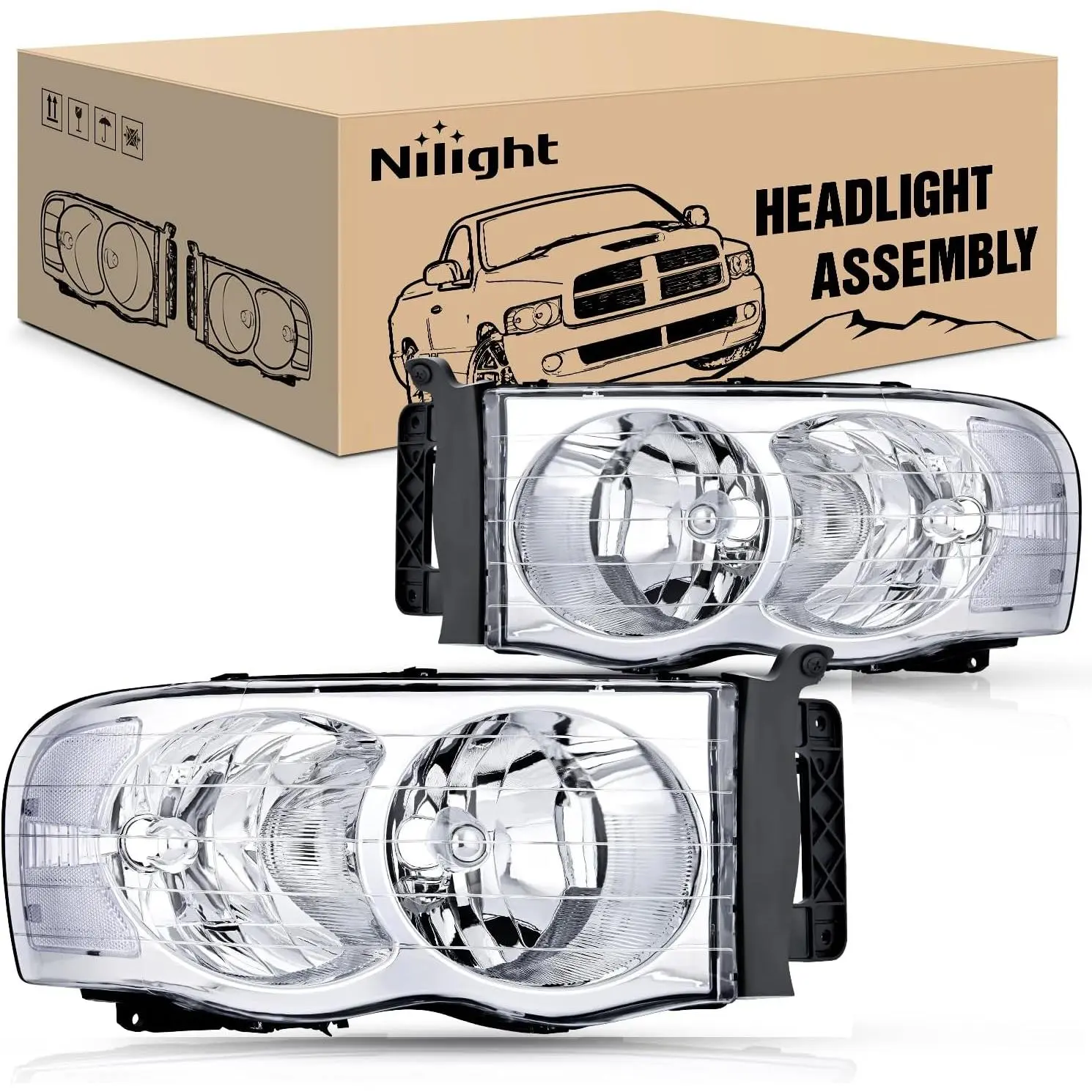 Nilight 2002 2003 2004 2005 Ram 1500 2500 3500 Headlight Assembly Chrome Housing Clear Corner Clear Lens Headlamp Replacement Driver and Passenger Side 2 Pack, Anti-Fogging, Chrome Look