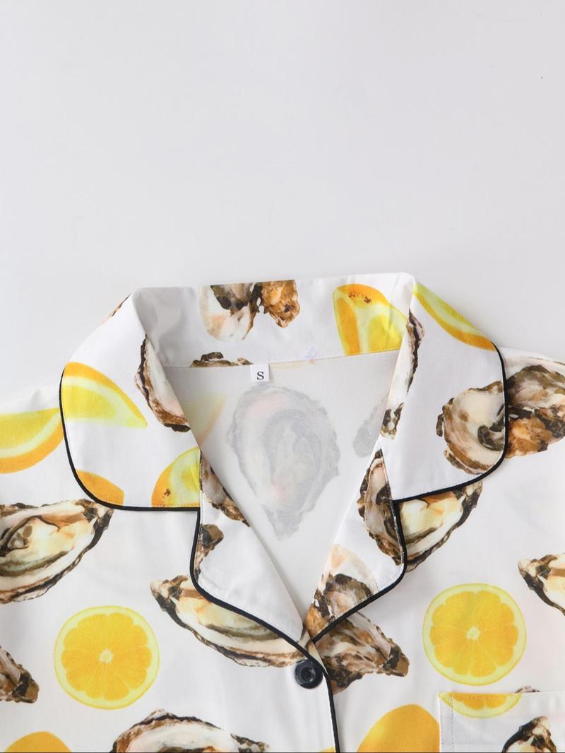 Women's All Over Print Shirt & Shorts Pyjama Two-piece Set, Casual Comfy Short Sleeve Top & Shorts Set, Ladies Sleepwear for All Seasons, Shorts Pj Set