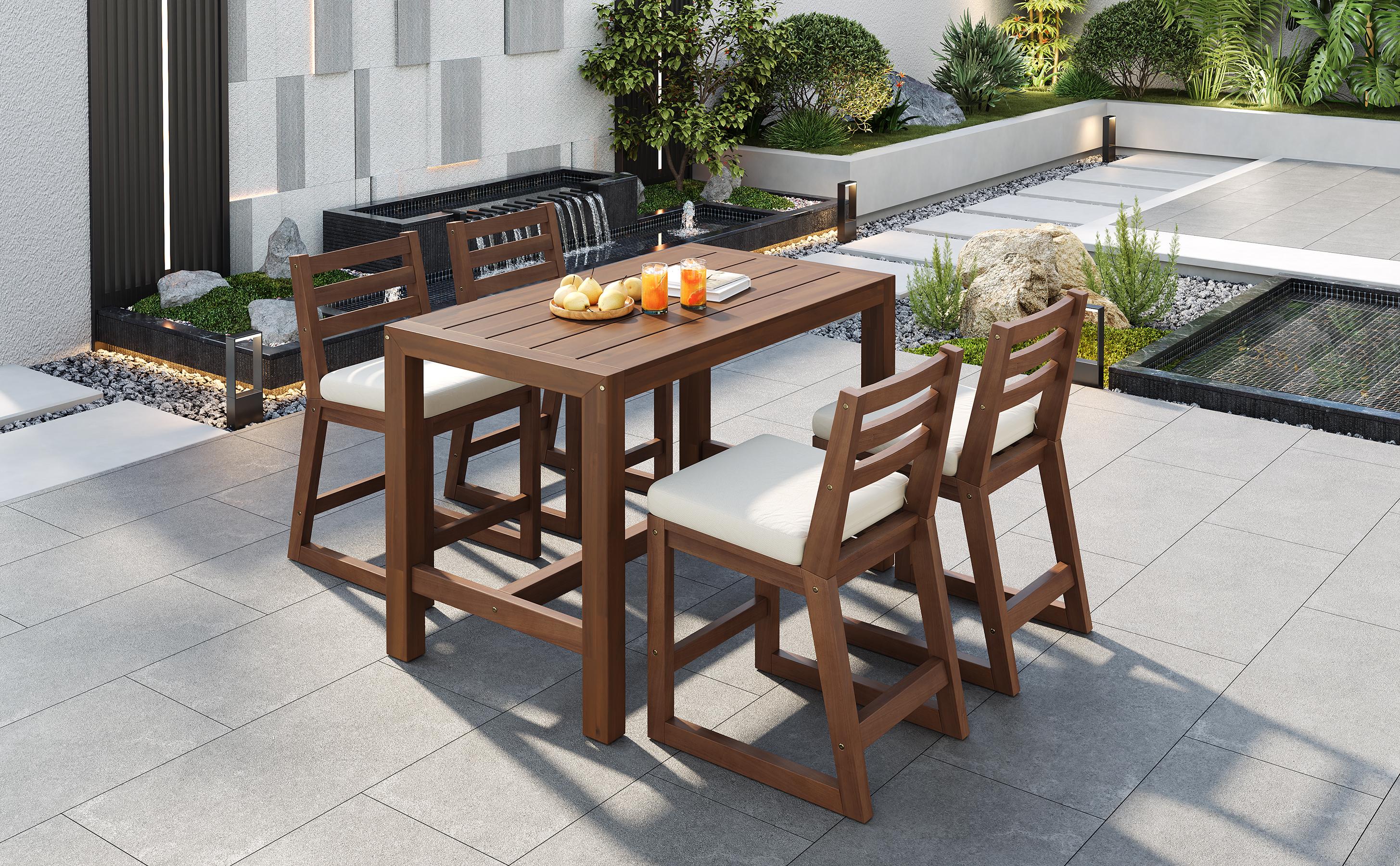 ARCH TREXM 5-Piece Rustic Patio Bar Set, Patio Table and Chairs Set with Ergonomic Chairs, Solid Wood Slatted Tabletop for Poolside, Balcony, Backyard, Porch (Mocha+Beige Cushion)