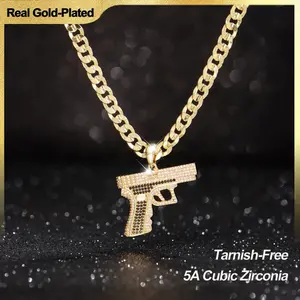 Holylegend 14K Real Gold-Plated Gun Pendant Necklace with AAAA CZ Diamonds, Streetwear Cuban and Rope Chain Jewelry, Bling Accessories Gift for Him, Men's Iced Out Hip Hop Chain,High End Necklace,Necklaces Men,Father's Day Gift