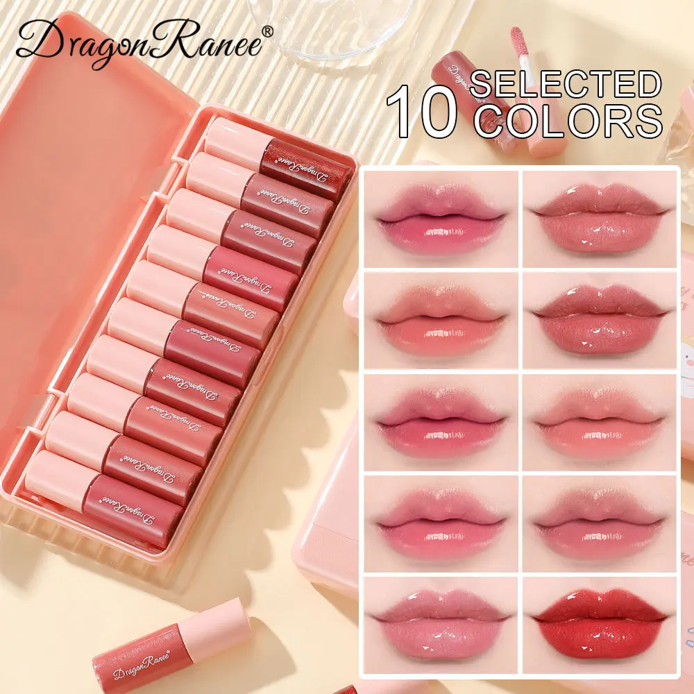Moisturizing Glossy Lip Gloss, 10Pcs Set, Cartoon Tint Lipstick Sample Kit, Multi-color & Portable, One Set for Various Lip Makeup Looks