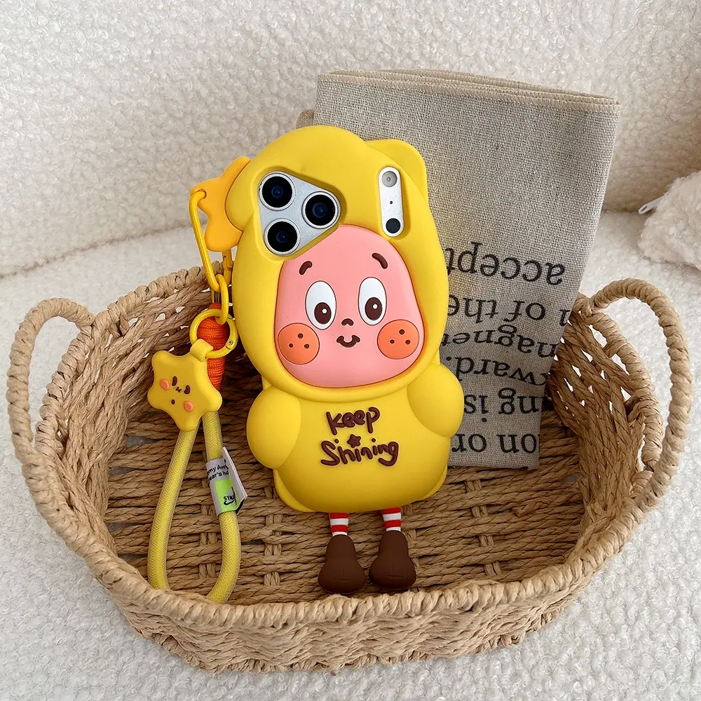 Cute 3D Star Character Cartoon Phone Case For iPhone 17 16 15 14 Plus 13 12 Pro Max, Silicone with Wrist Strap, Shockproof Protective Case