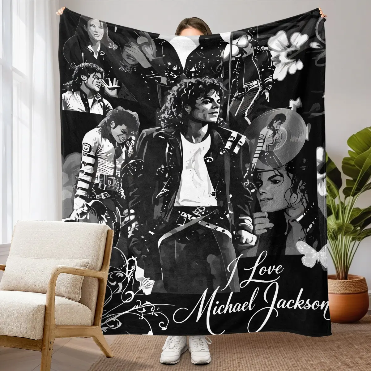 1pc Michael Jackson Black White Vintage Collage Print Fleece Blanket, Black Background King of Pop Classic Stage Look Floral Vinyl Record Mosaic Pattern, Nostalgic Classic Pop Music Fan Style, Multiple Styles Available, Soft Blankets